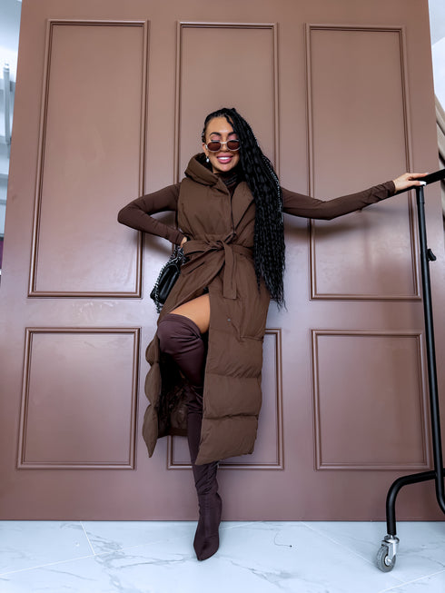 Long, chocolate brown vest with tie belt